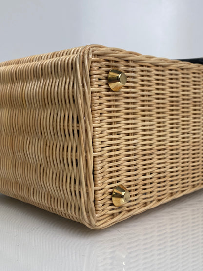 Prada Tan & Black Wicker & Canvas Small Logo Tote Bag GHW