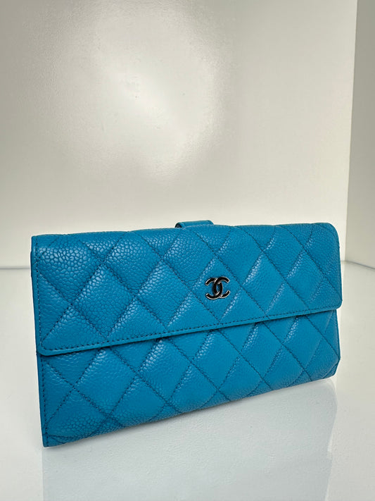 Chanel Quilted Caviar Leather Blue Long Wallet SHW