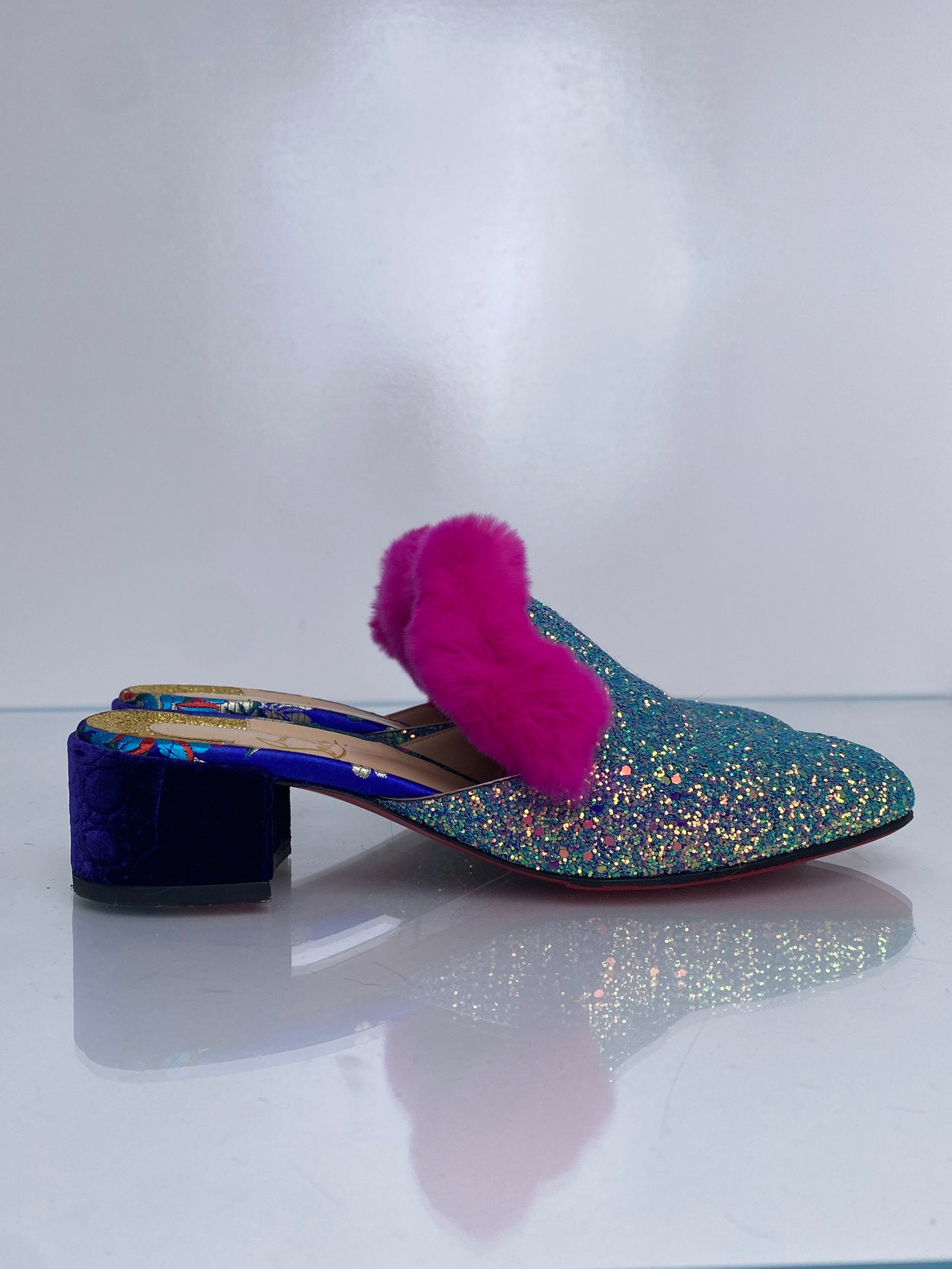 Christian Louboutin Sequin/ Pink Fur Mules, 39.5
