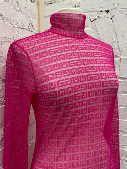 Givenchy Hot Pink Mesh Logo Body Suit, L