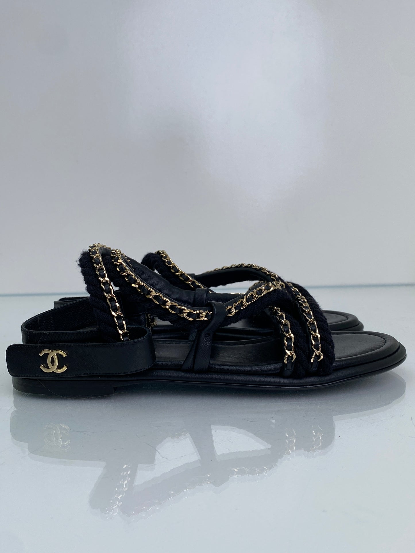 Chanel Black CC Chain Cord Sandals, 39