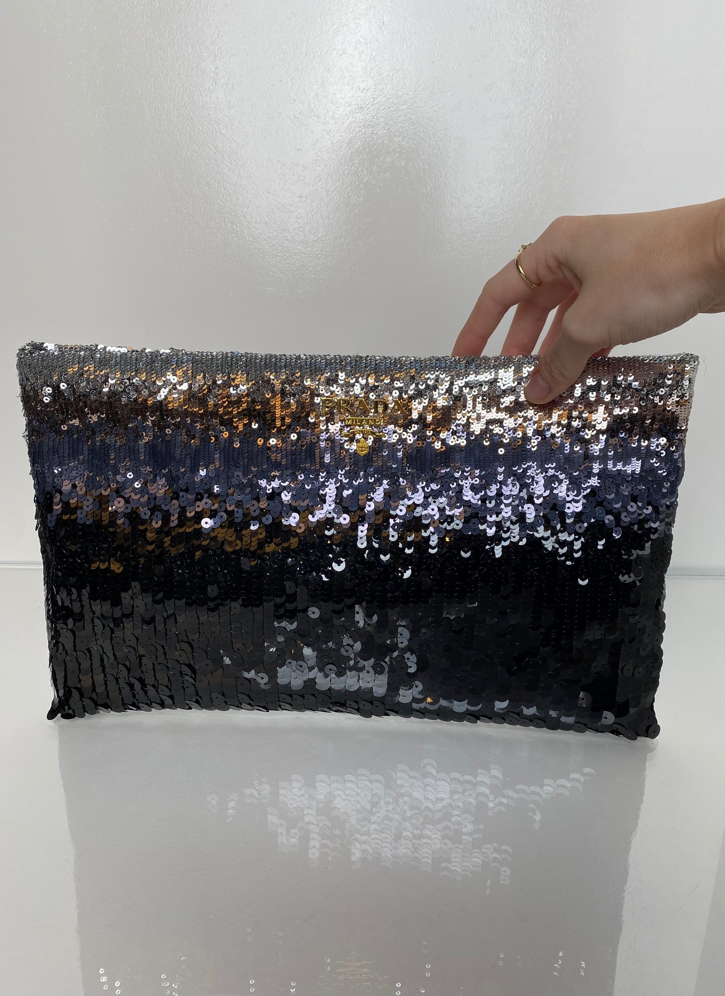Prada Black & Silver Ombré Sequin Clutch GHW