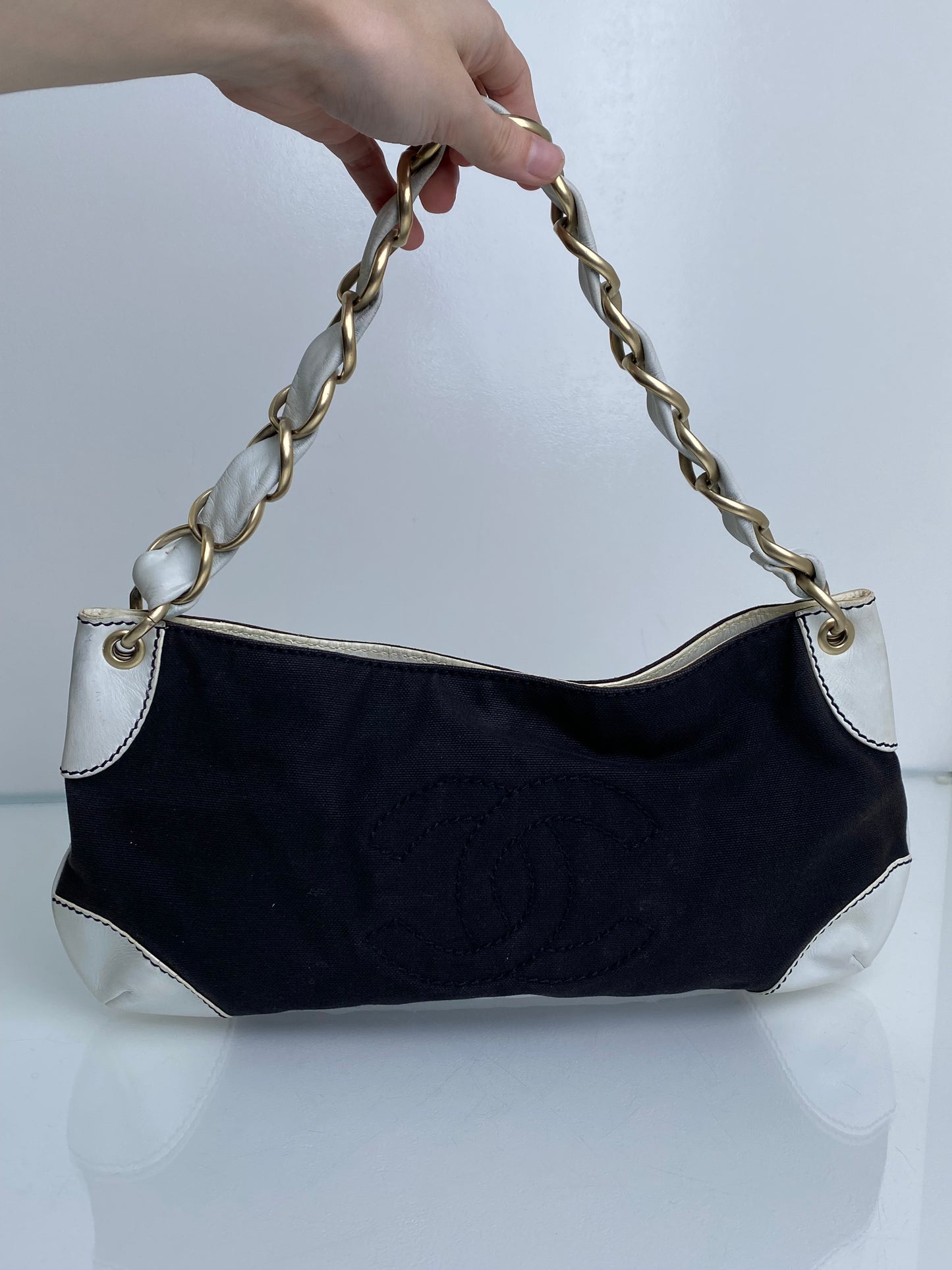 Chanel Black Olsen Canvas Shoulder Bag GHW