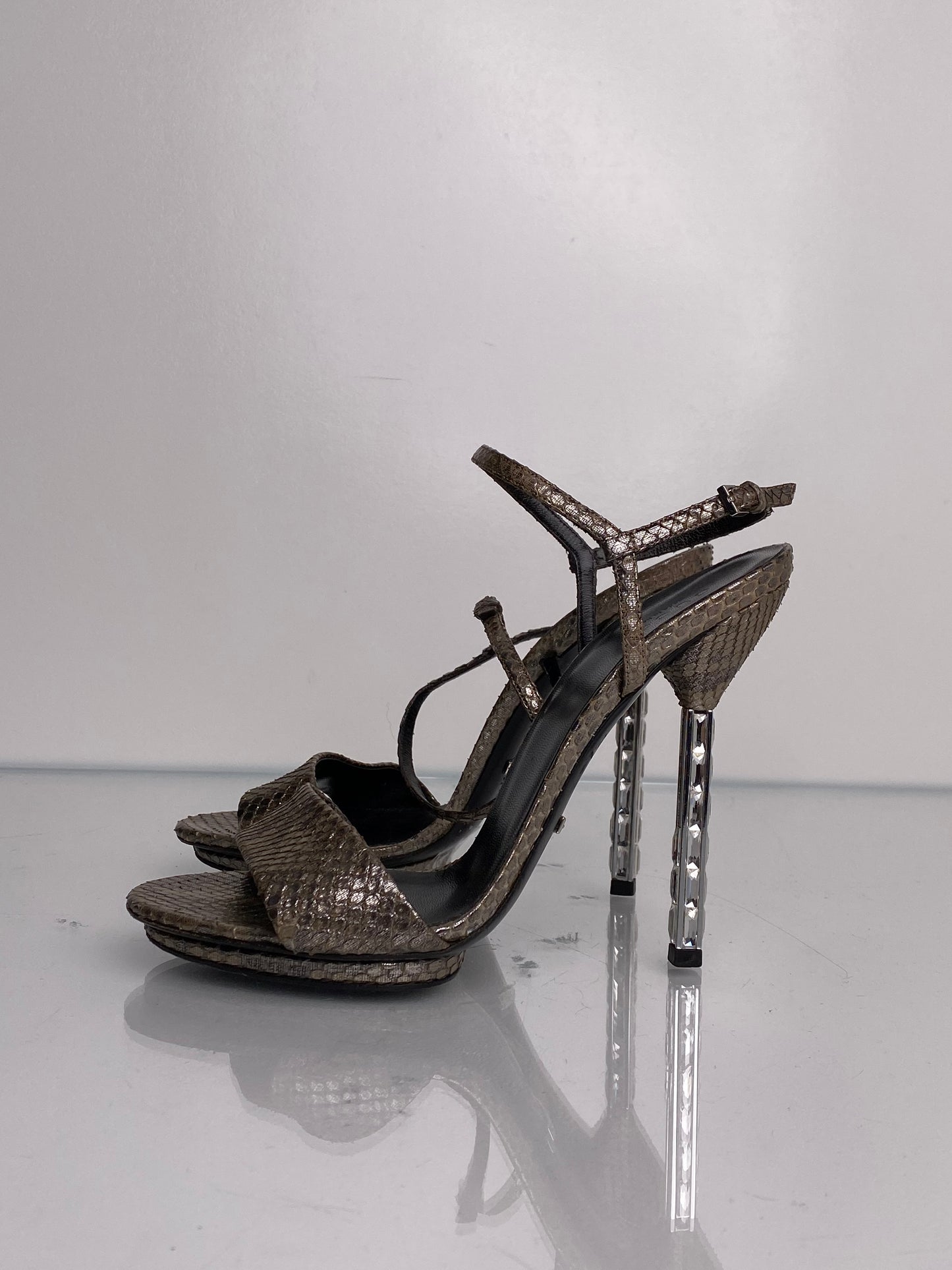 Gucci Silver Metallic Python & Crystal Heels, 38.5