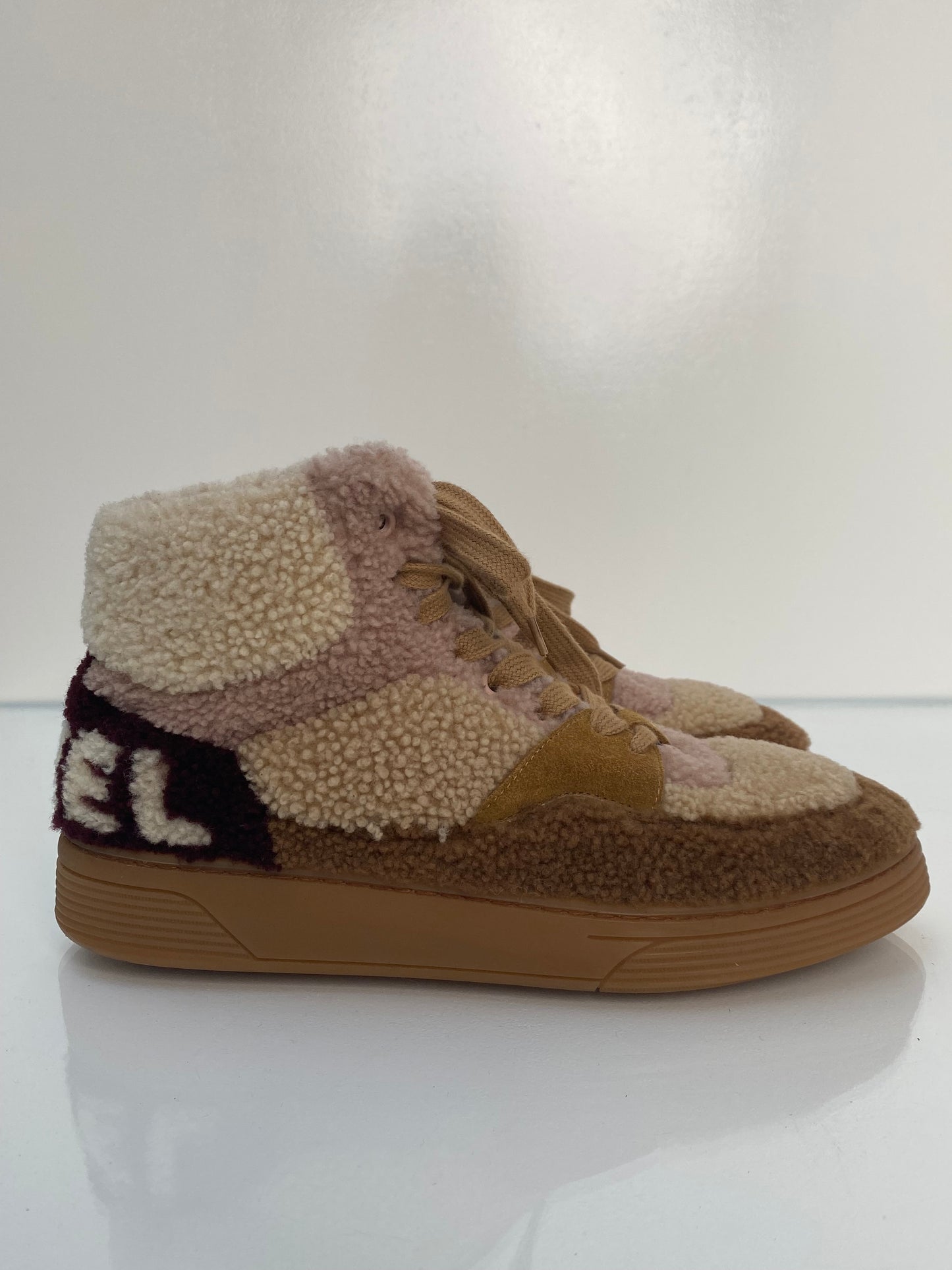 Chanel Cream, Pink, & Brown Shearling Sneakers, 39.5