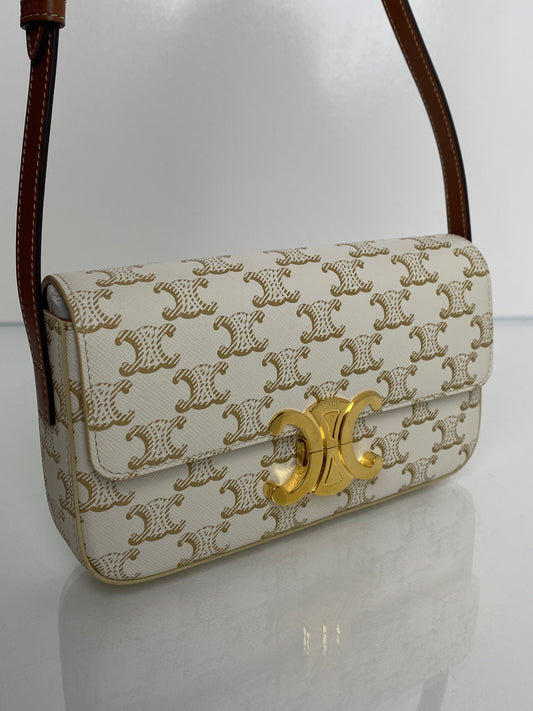 Celine White & Brown Triomphe Claude Shoulder Bag GHW