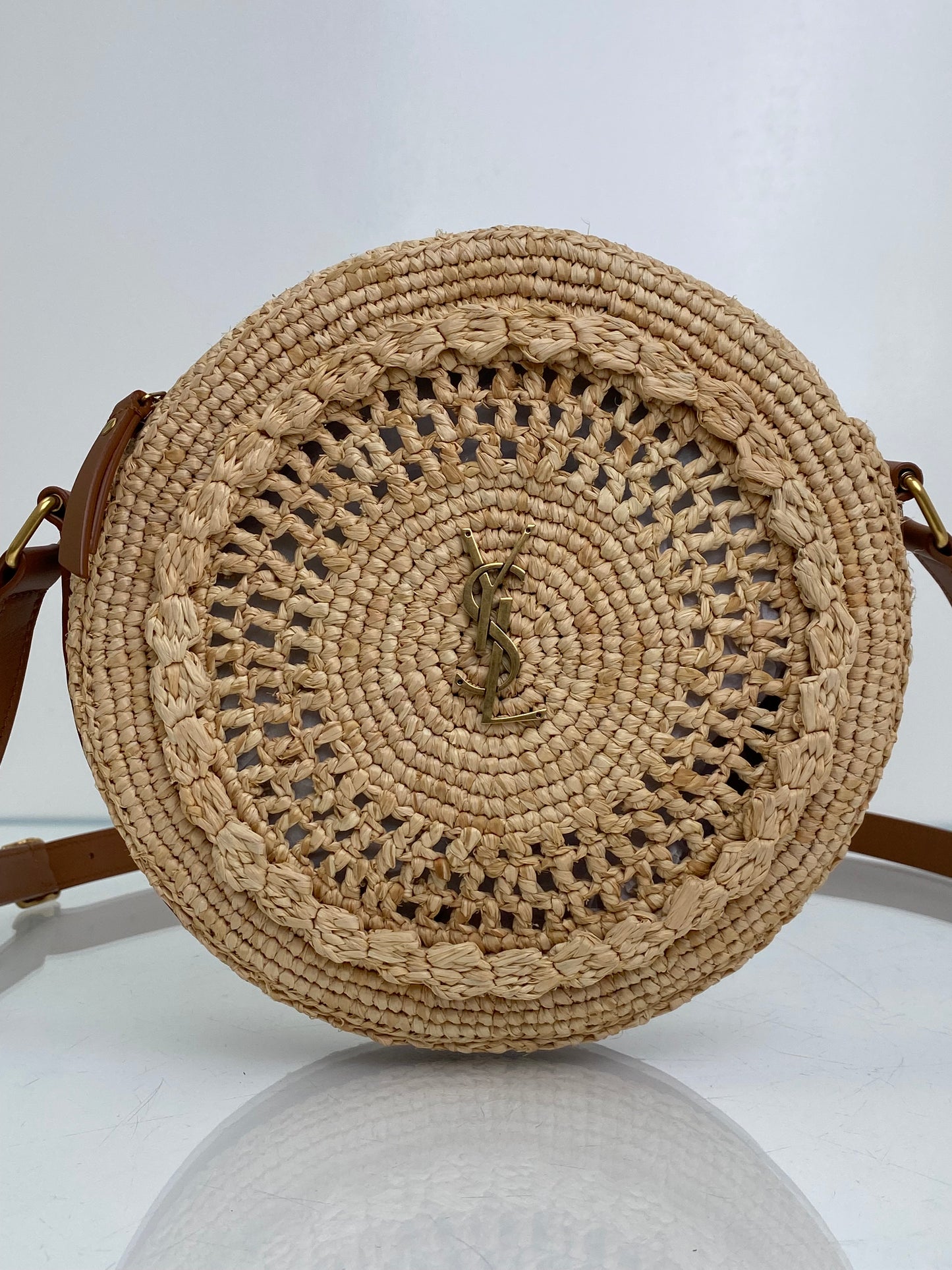 Saint Laurent Tan Raffia Logo Circular Bag GHW