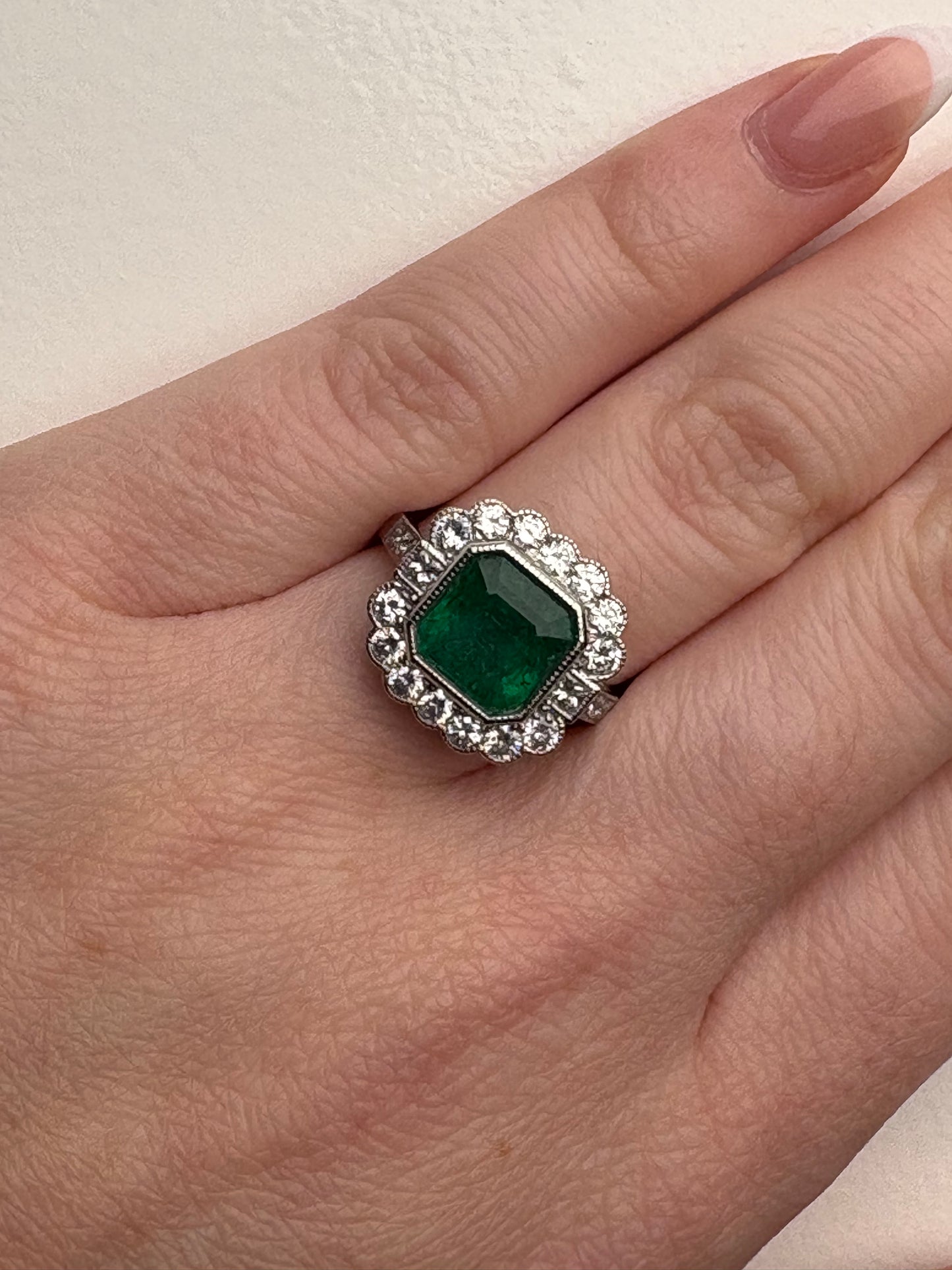 2.36ct Emerald & 0.84 Diamond Cushion Cut Platinum Ring, 5.75