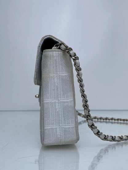 Chanel Silver Metallic Travel Line Chocolate Bar East West Flap Bag / Clutch SHW #63