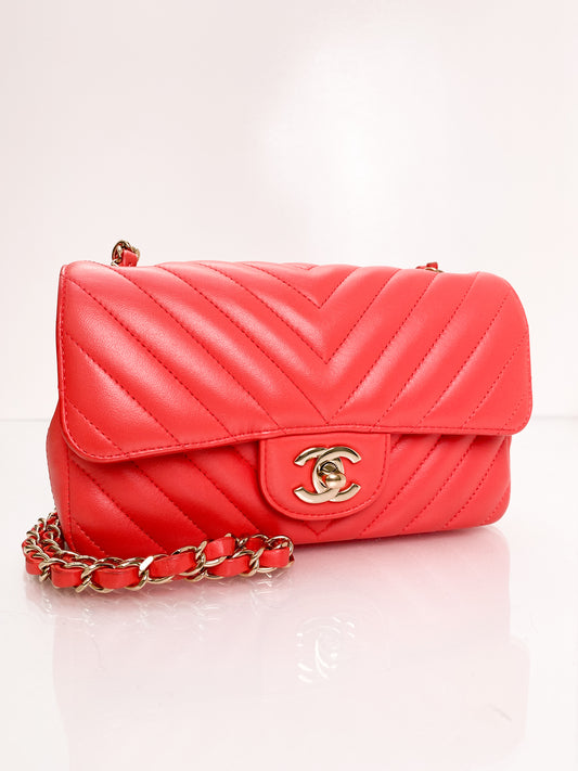 Chanel Classic Mini Rect Orange/Red Chevron LGHW