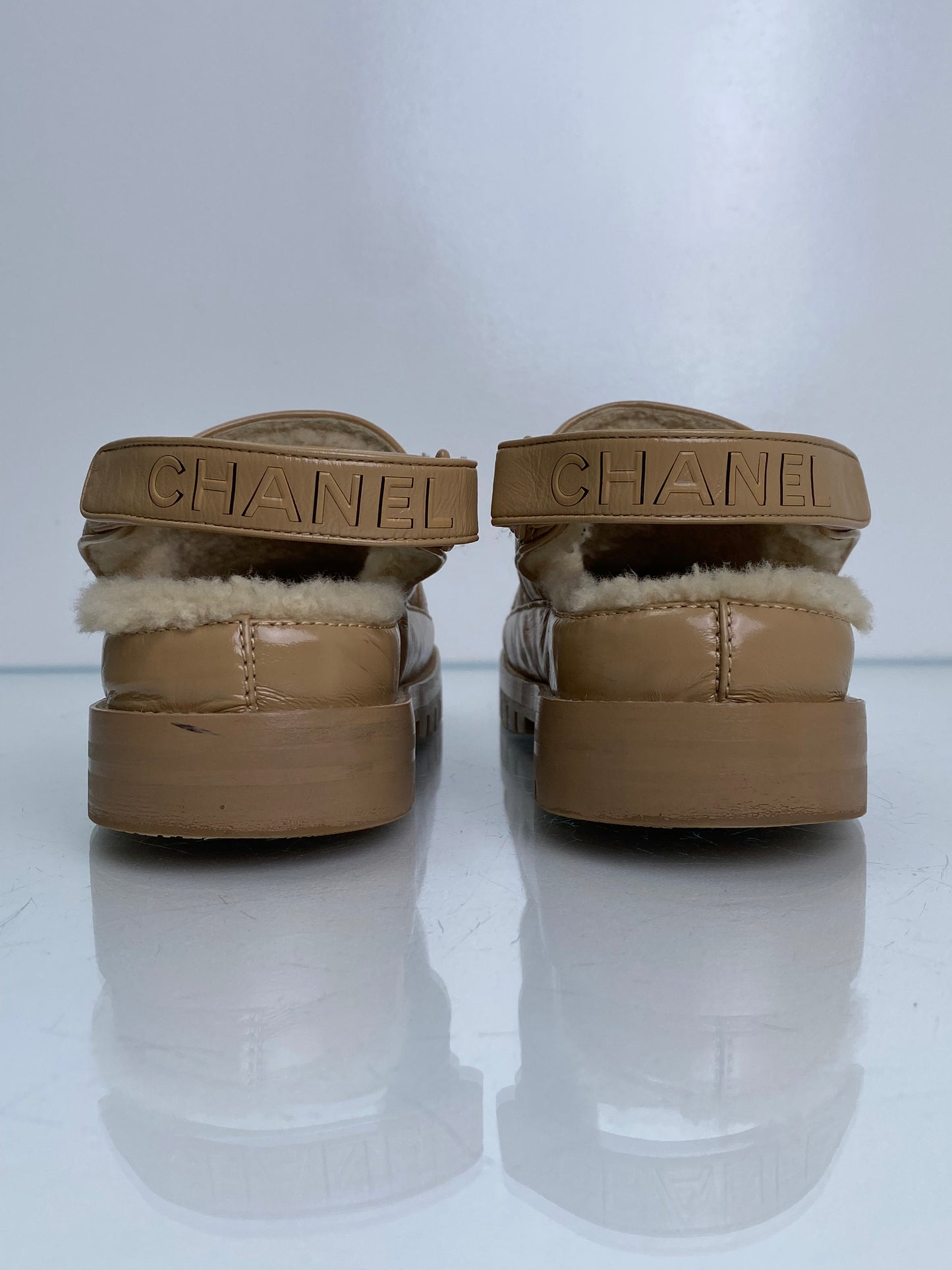 Chanel Beige Patent Leather & Shearling CC Clogs, 40