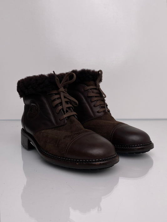 Chanel Brown Suede & Shearling Ankle Boots, 39