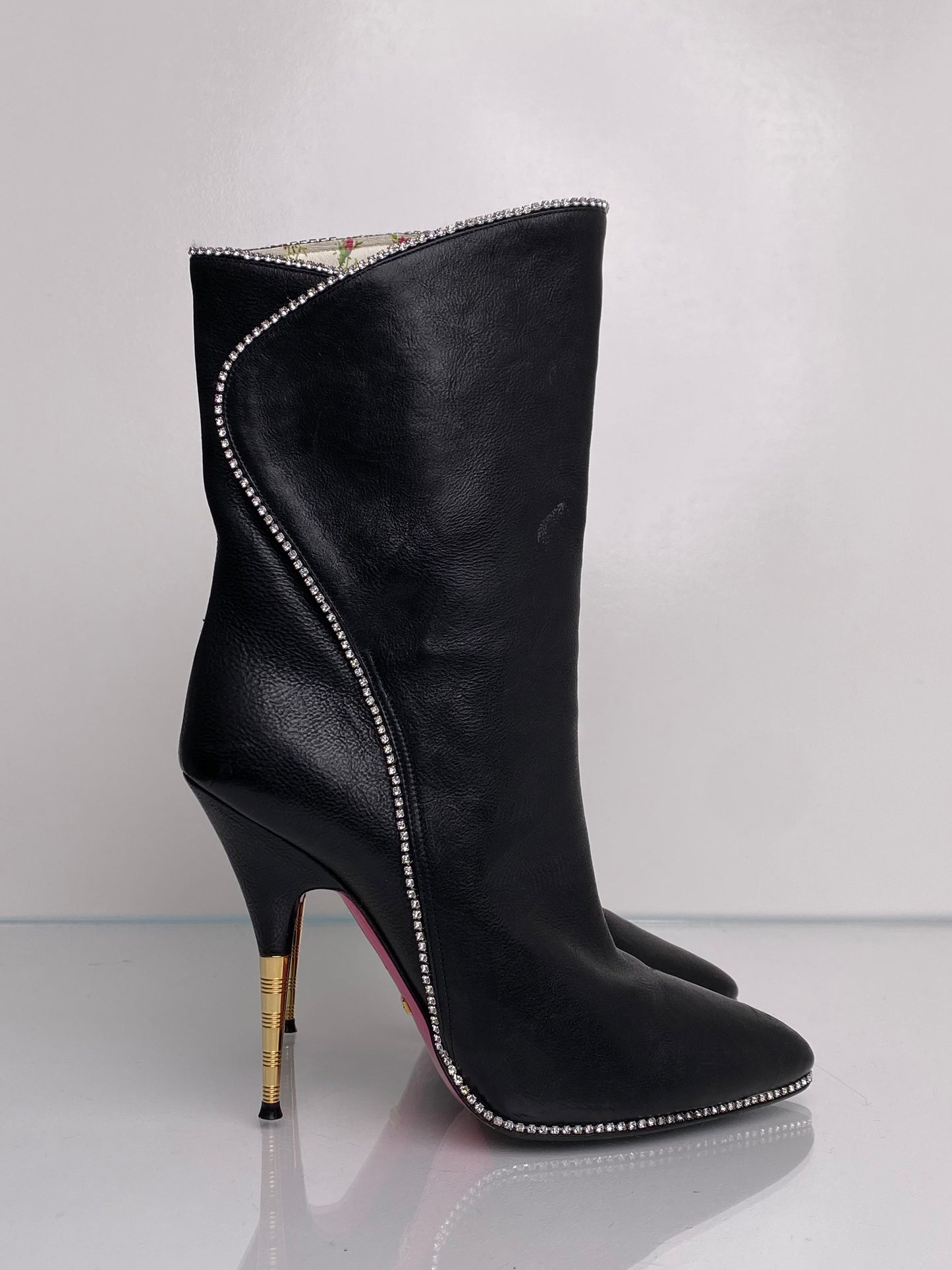 Gucci Black Leather & Rhinestone Boots, 39