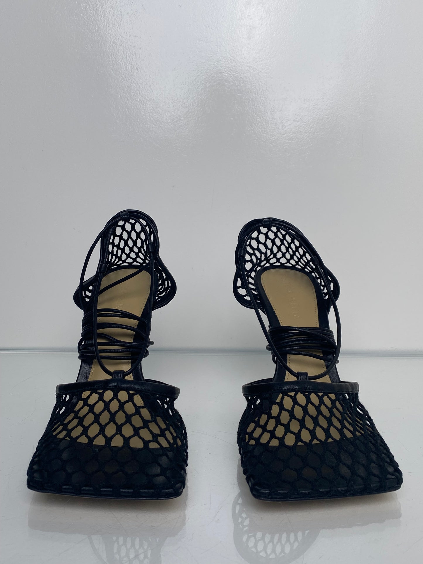 Bottega Veneta Black Mesh Wrap Heels, 38.5