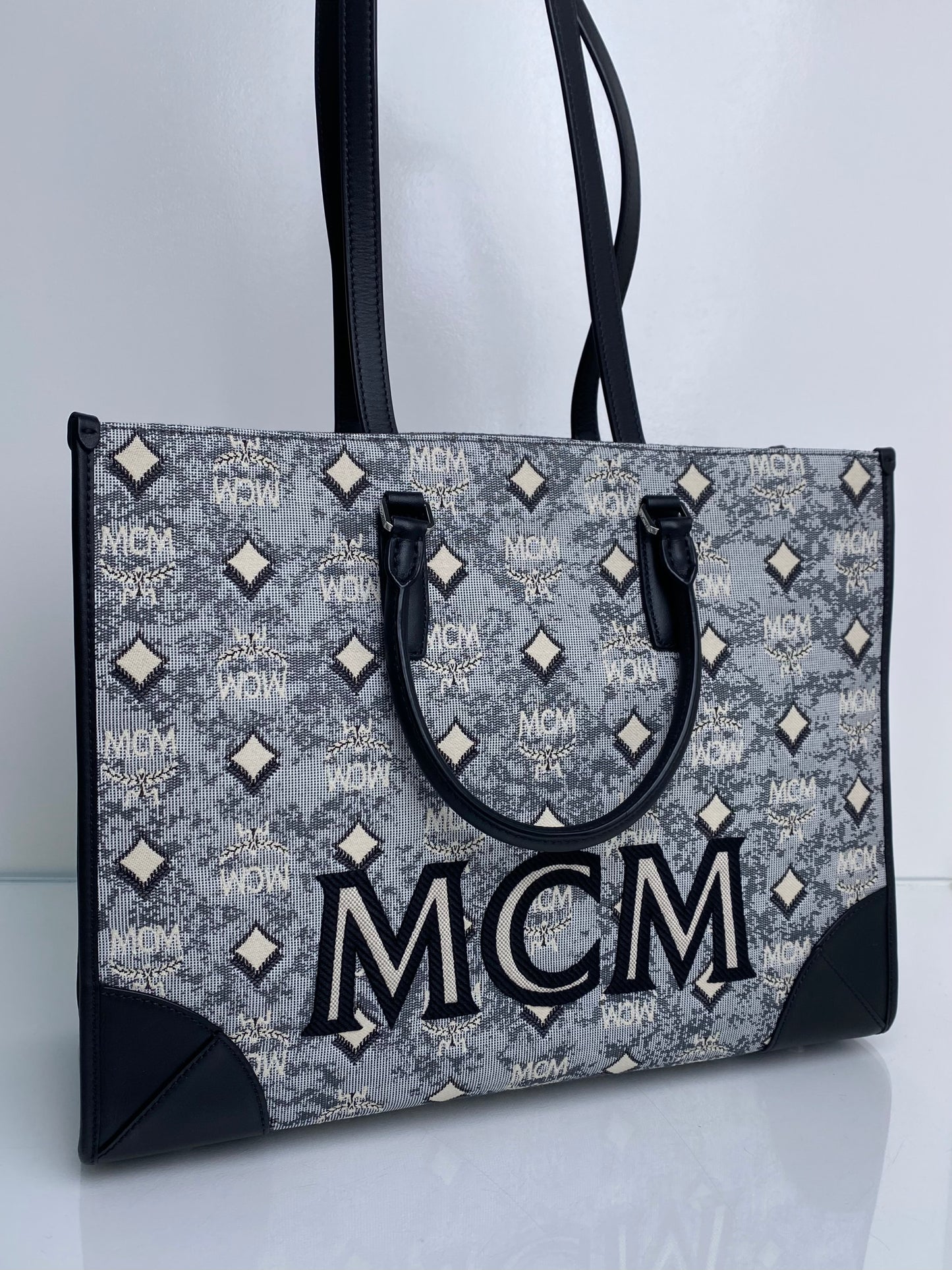 MCM Munchen Black & White Canvas Tote Bag