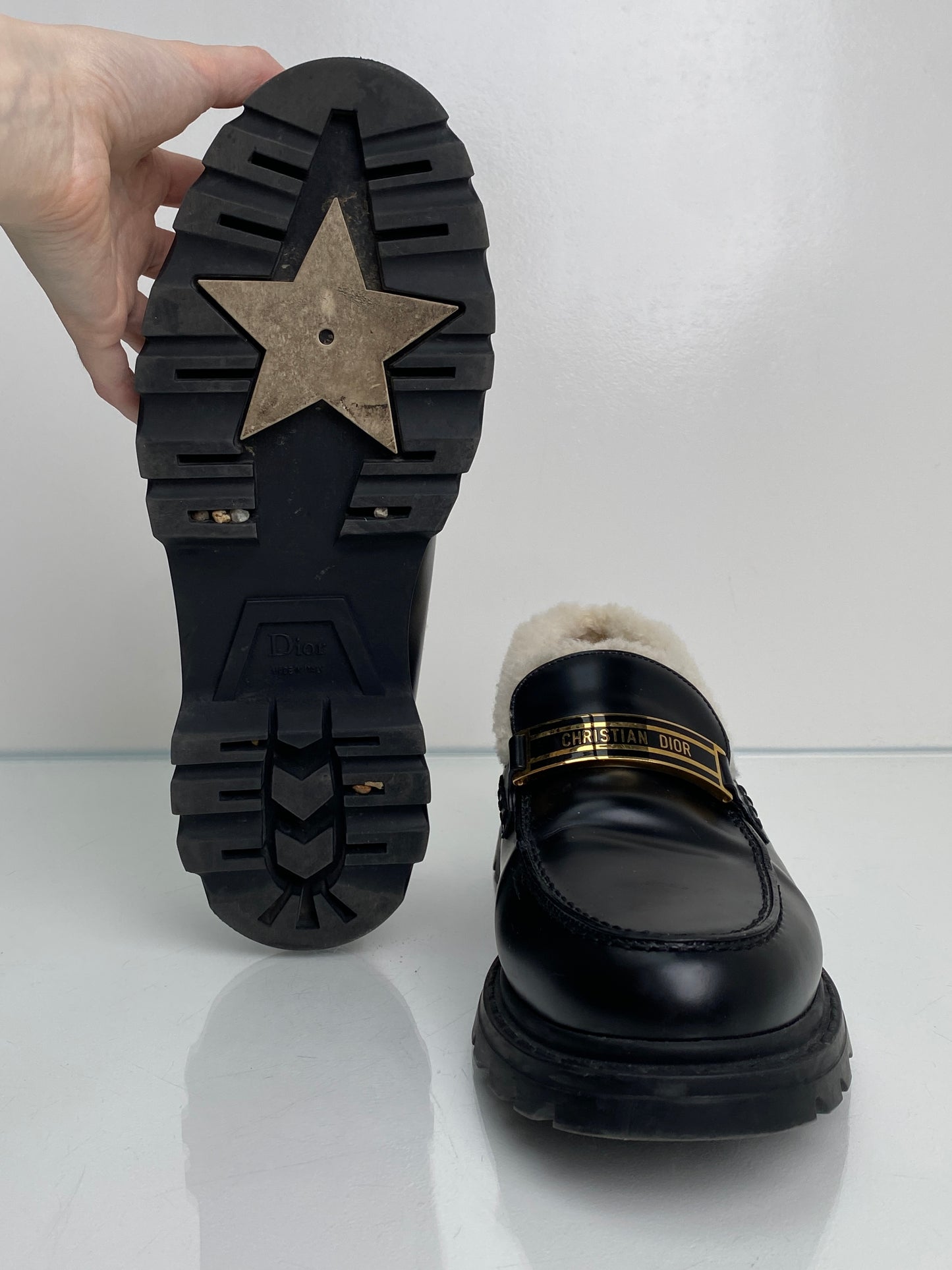 Christian Dior Black Leather Shearling Loafers, 41