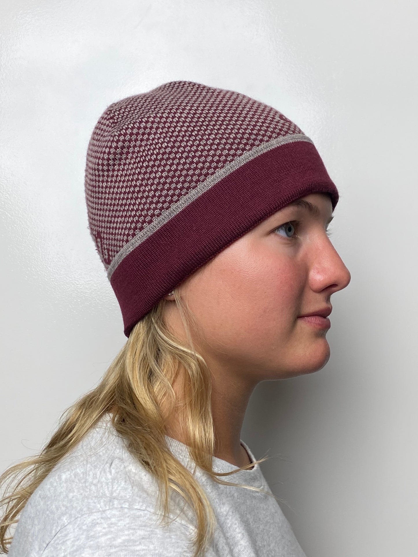 Louis Vuitton Burgundy & Grey Checkered Wool Beanie