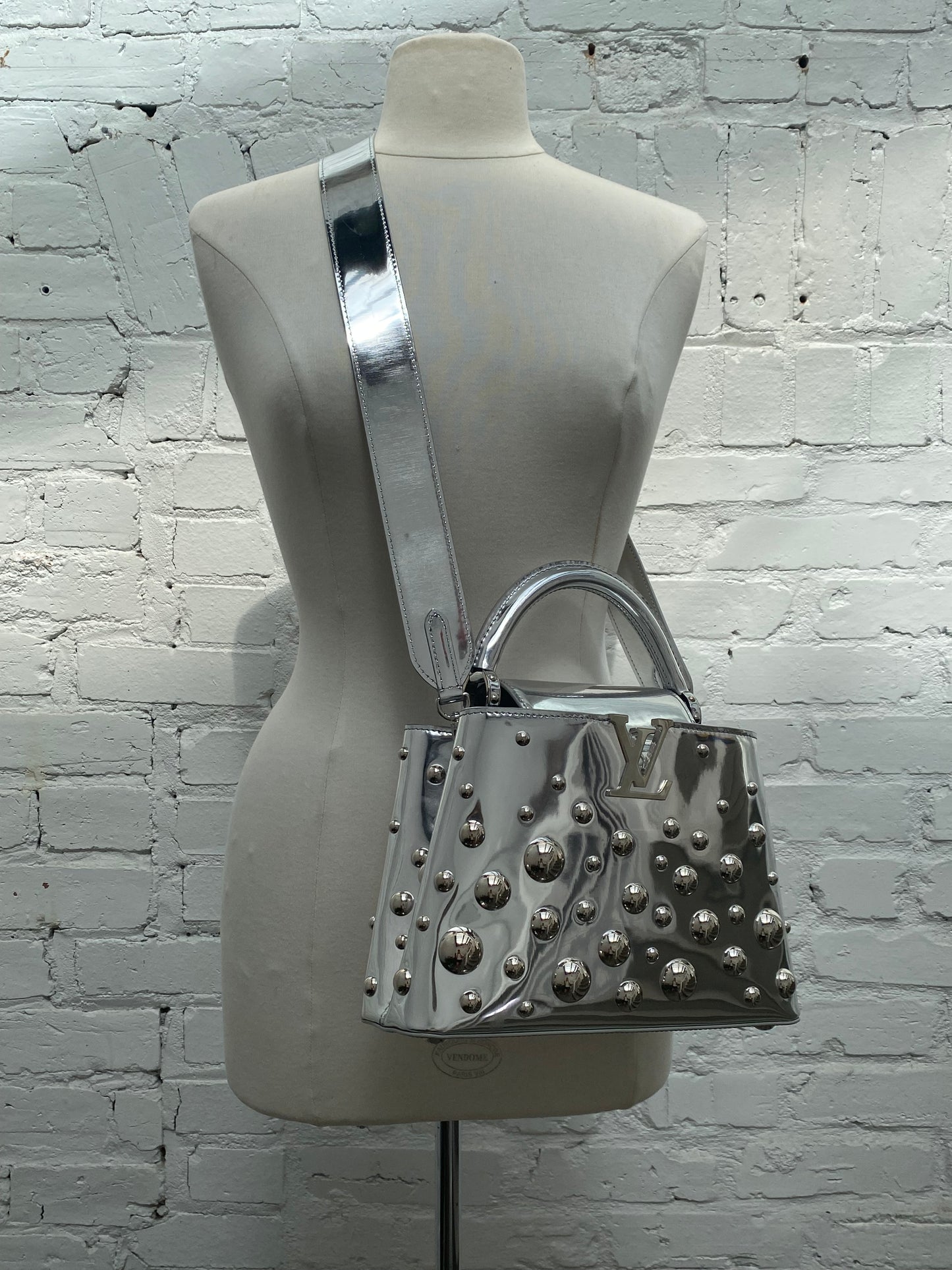 Louis Vuitton Silver Vernis Patent Leather X Yayoi Kusama Capucines BB Bag SHW