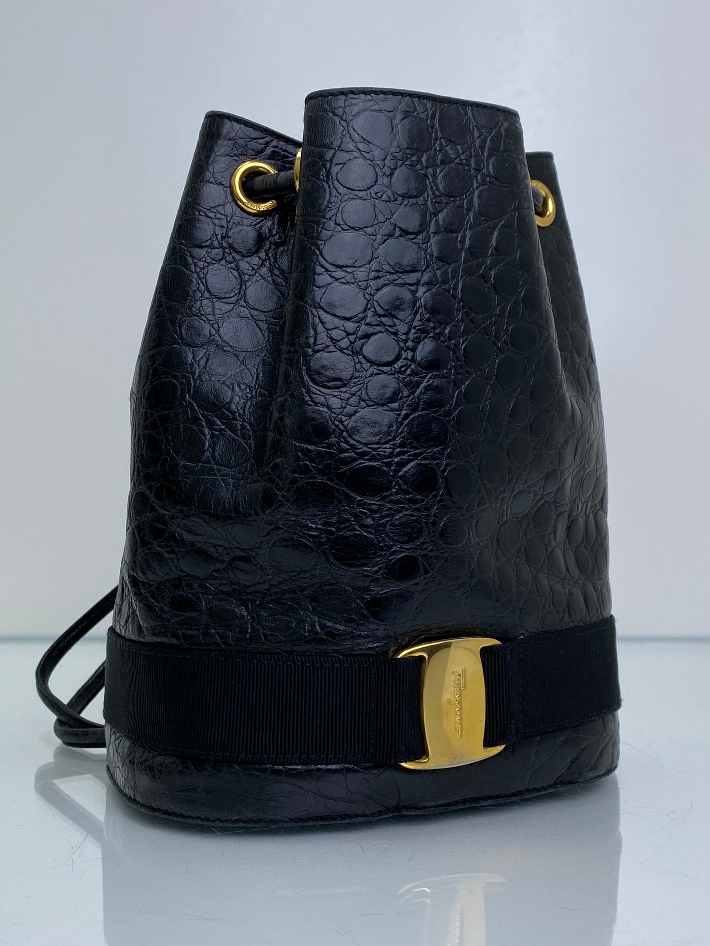 Salvatore Ferragamo Vintage Black Croc Embossed Backpack GHW