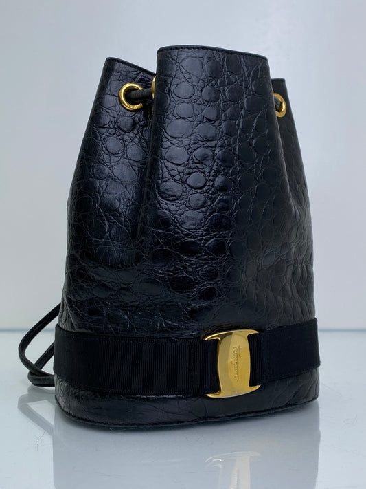 Salvatore Ferragamo Vintage Black Croc Embossed Backpack GHW