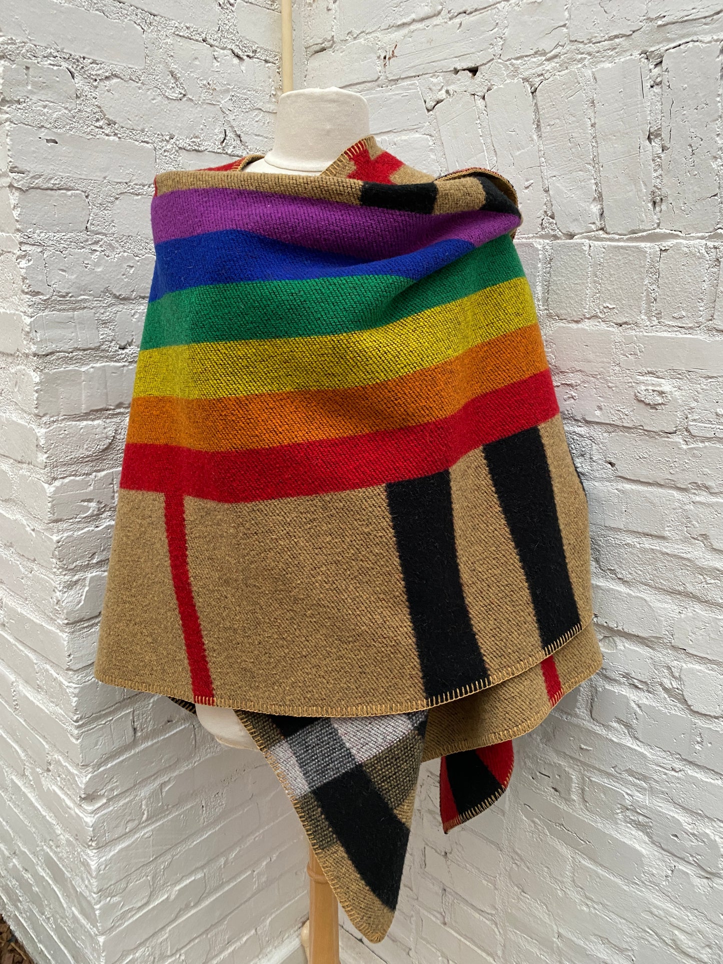 Burberry Rainbow & Plaid Wool-Cashmere Blend Poncho/Scarf