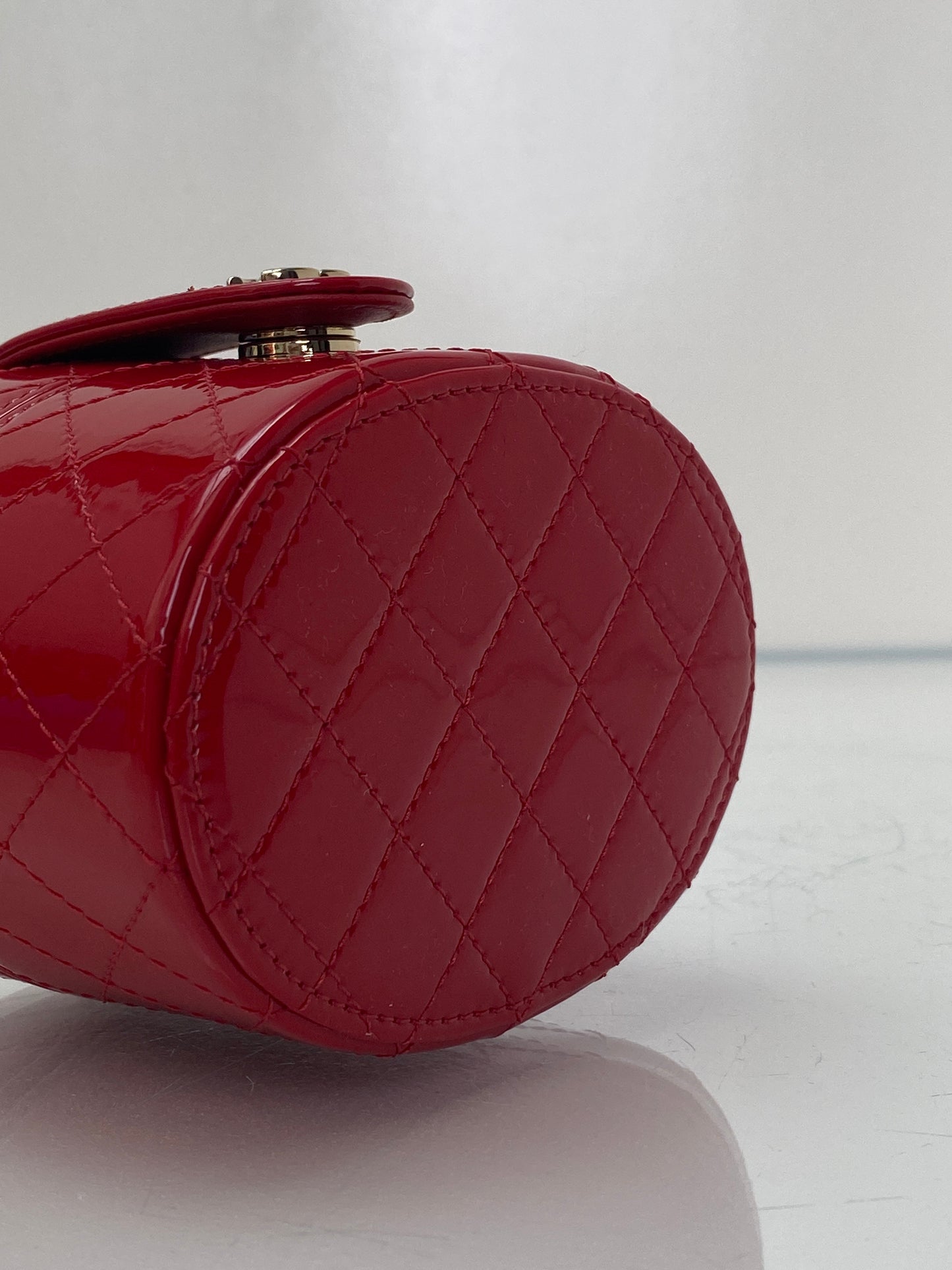 Chanel Red Patent Quilted Small Round Vanity GHW