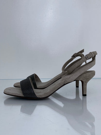 Brunello Cucinelli Grey Suede Beaded Kitten Heels, 41