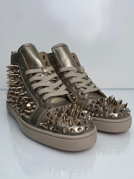 Christian Louboutin Silver Leather Spiked High-Top Sneakers, 43