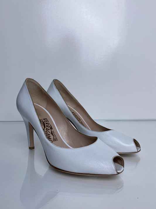 Salvatore Ferragamo White Leather Peep Toe Heels, 7.5