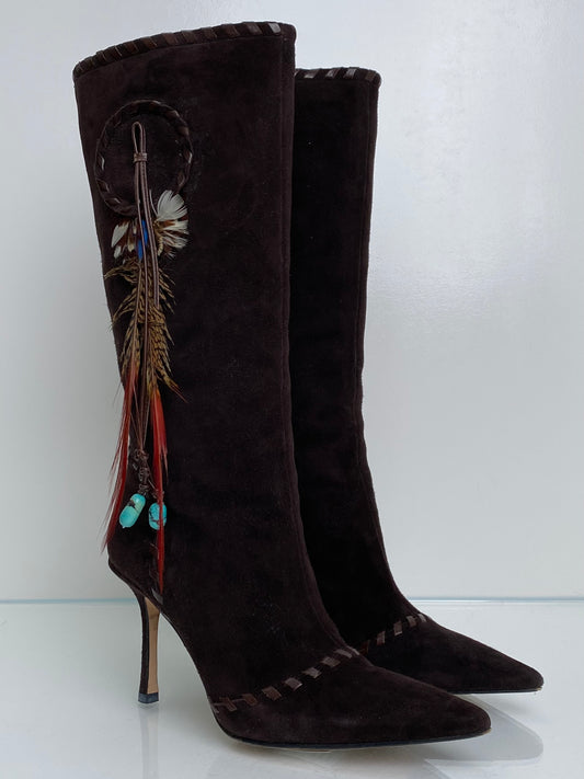 Jimmy Choo Brown Suede Feather Heeled Boots, 38.5