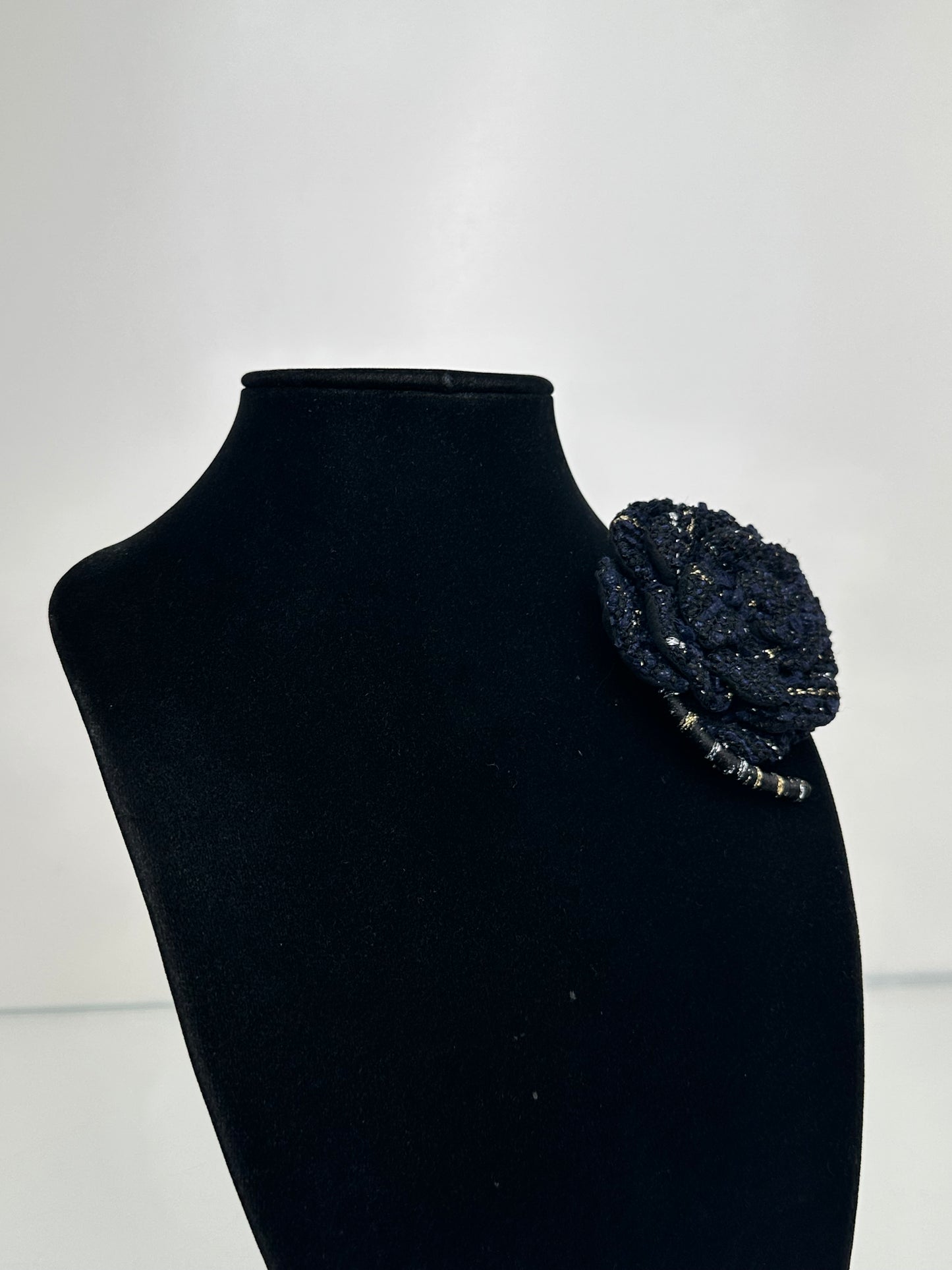 Chanel Black, Gold, Navy, & Silver Tweed Brooch