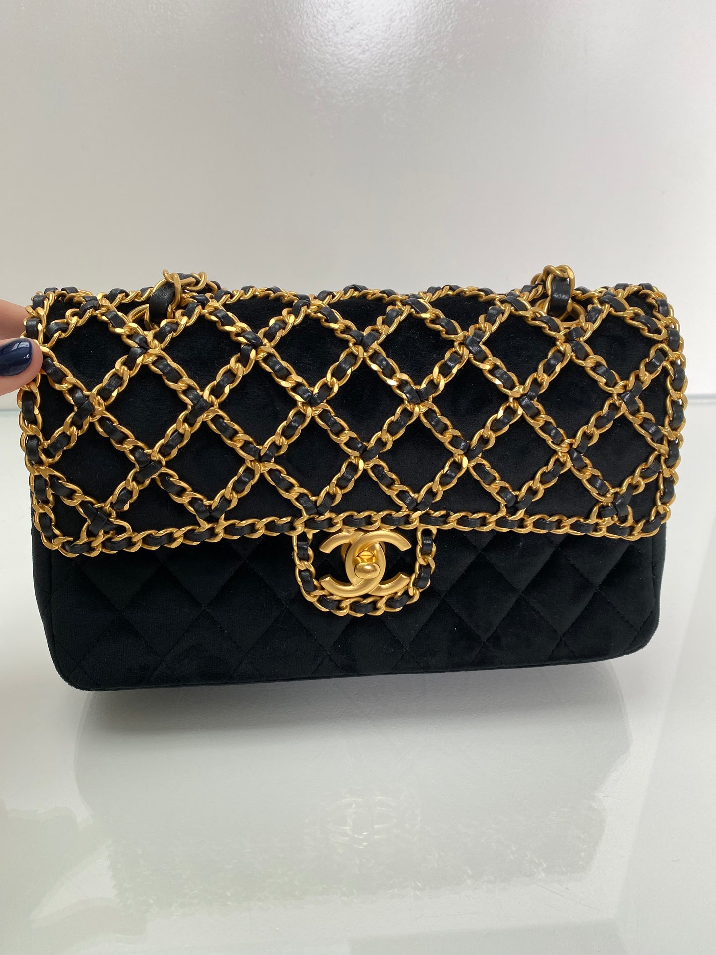 Chanel Black & Gold Velvet Double Flap Timeless Chained Bag GHW