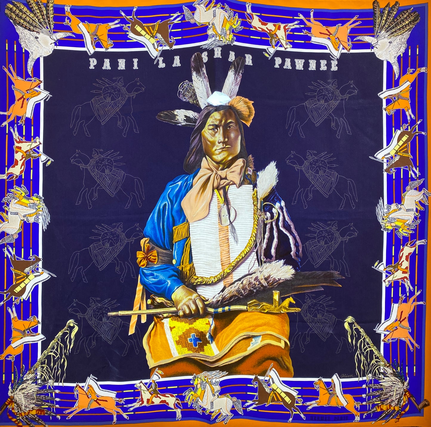 Hermes Orange & Blue ‘Pani La Shar Pawnee’ Scarf (As Is)