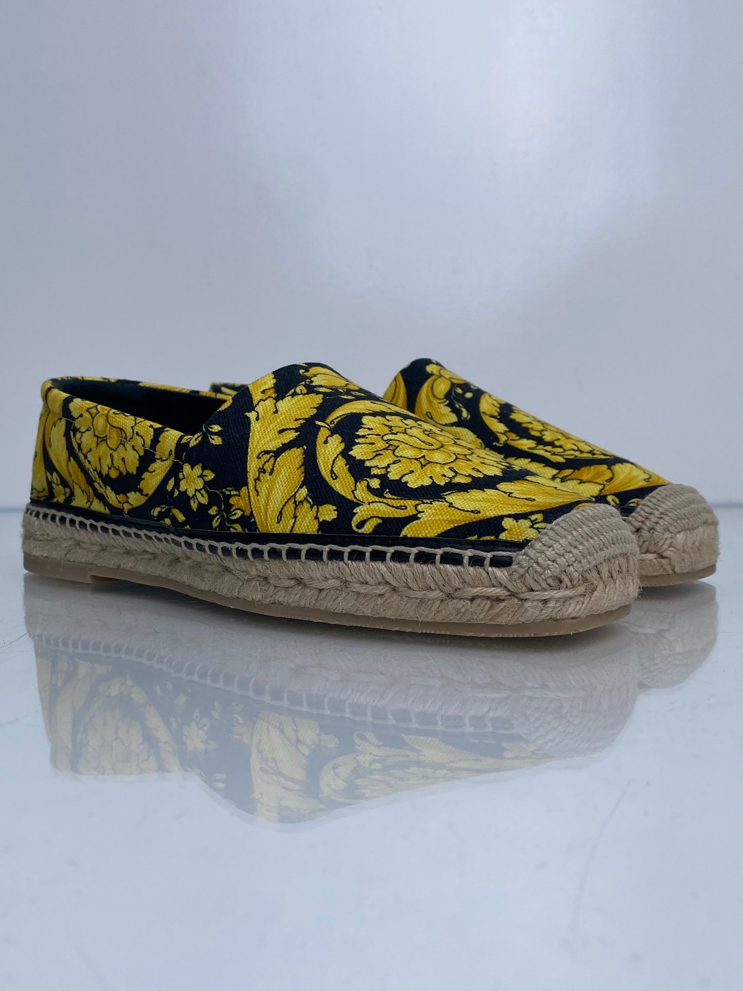 Versace Gold & Black Patterned Canvas Espadrille Flats, 39