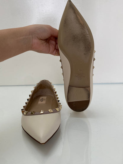 Valentino White & Blush Leather Studded Ballet Flats, 37.5