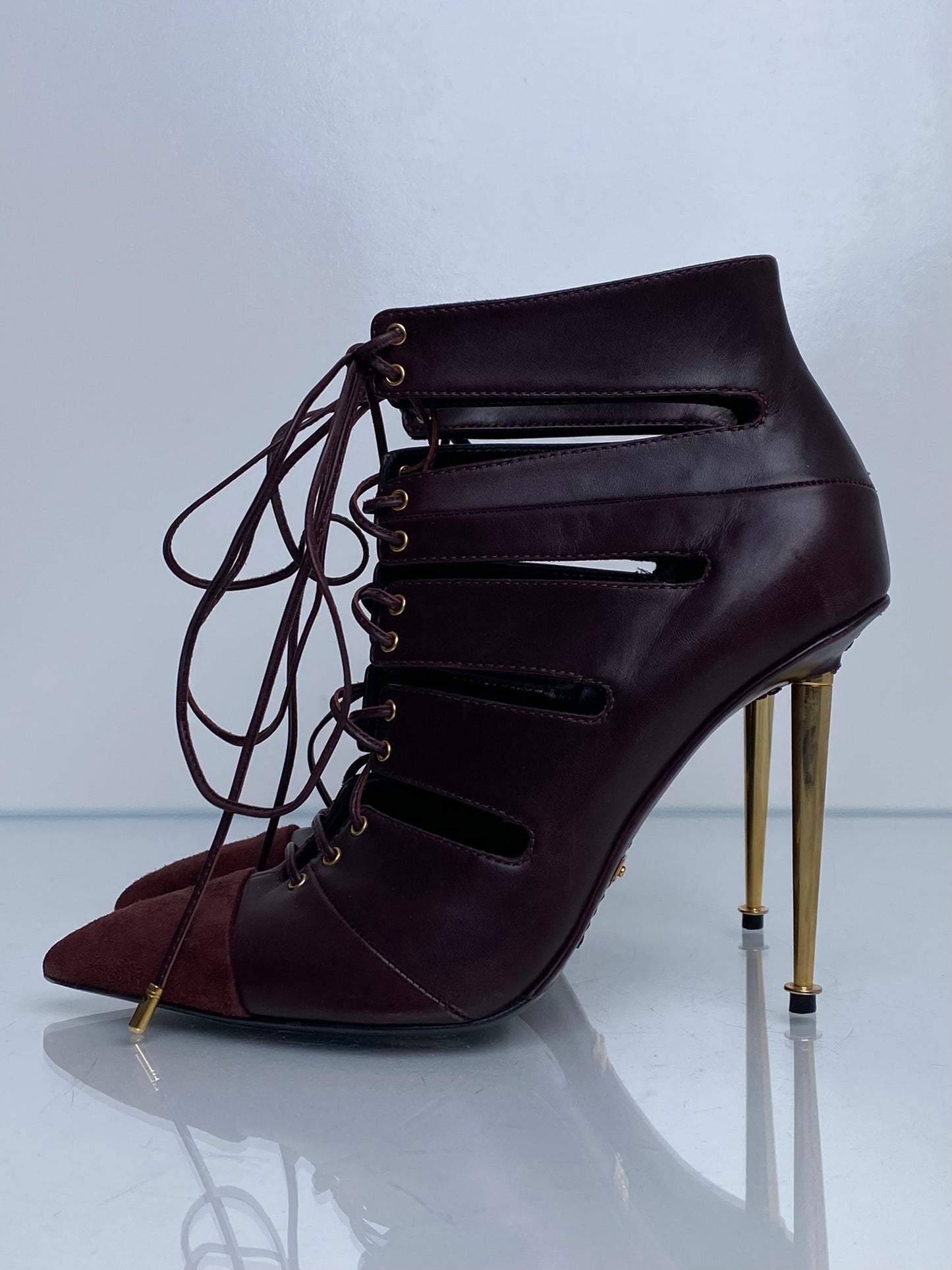 Tom Ford Burgundy & Gold Cut Out Lace Up Booties, 39