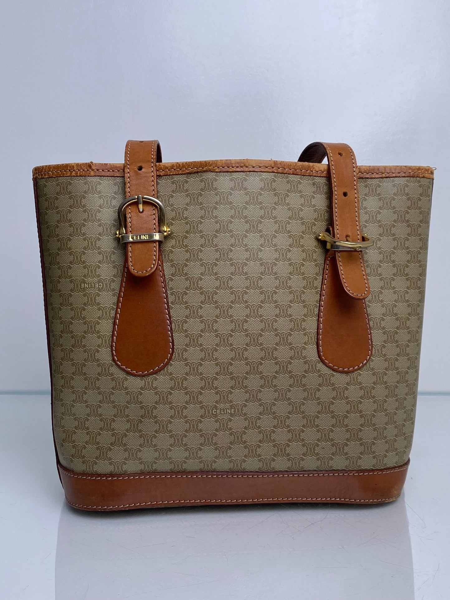 Celine Vintage Khaki Macadam Small Tote Bag GHW