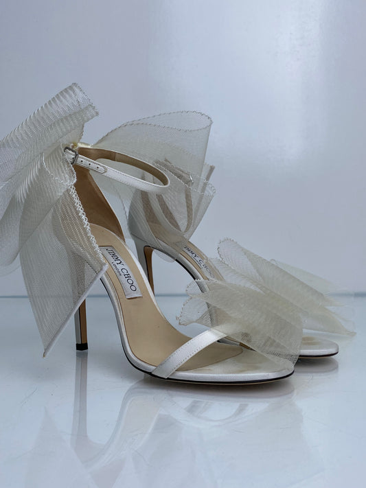 Jimmy Choo Cream Satin & Tulle Bow Heels, 39.5