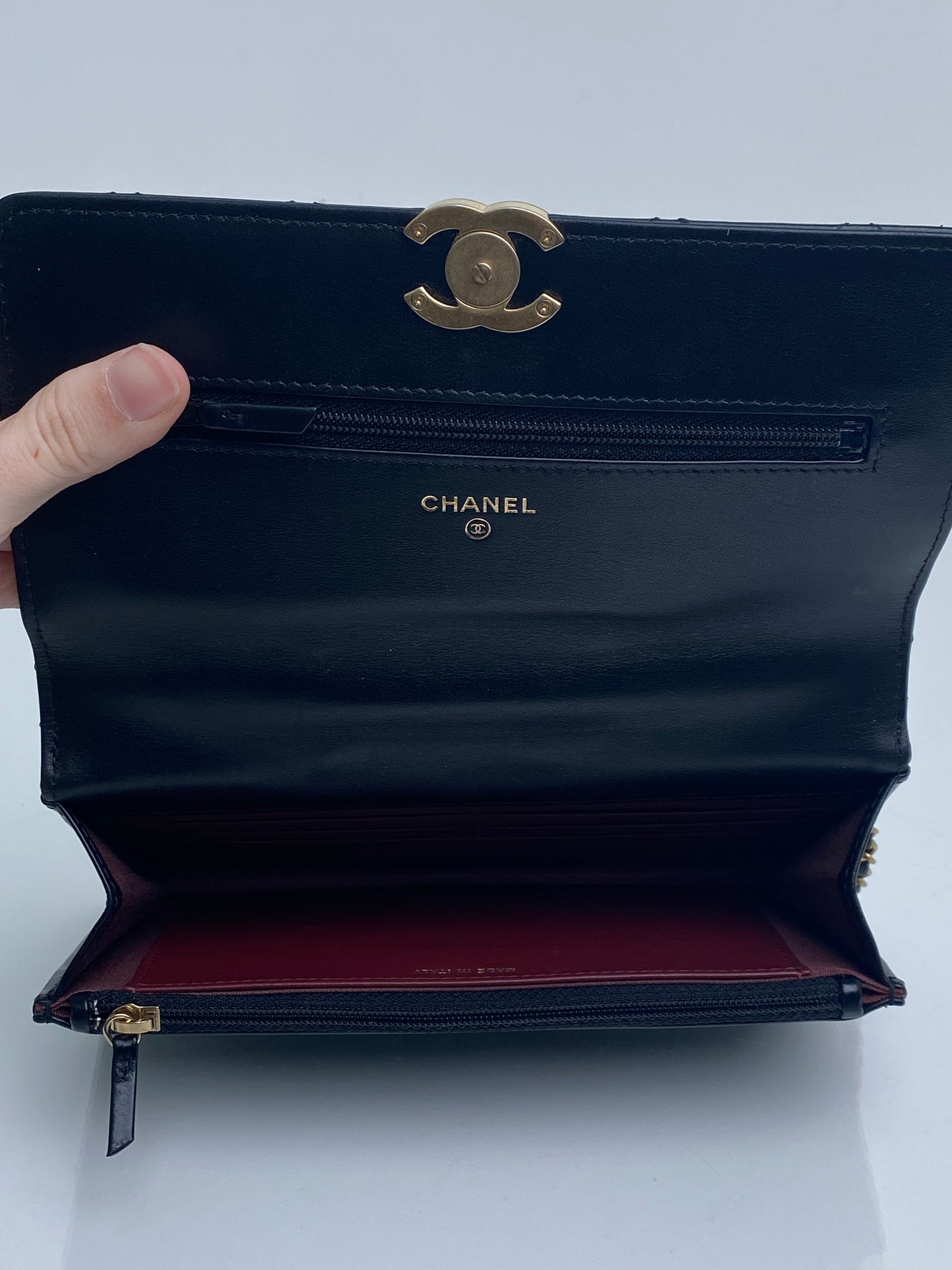 Chanel Black Shiny Calfskin Quilted Timeless Wallet On Chain Bag GHW