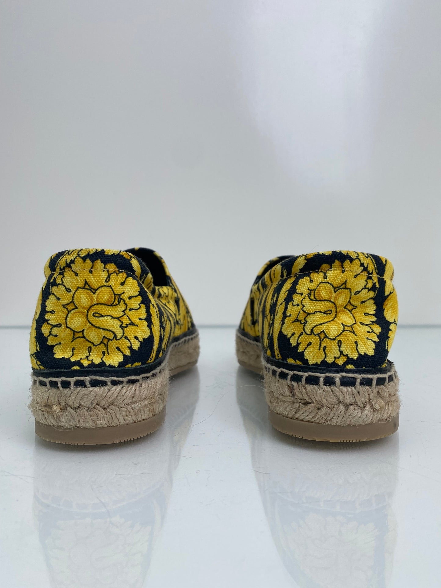Versace Gold & Black Patterned Canvas Espadrille Flats, 39