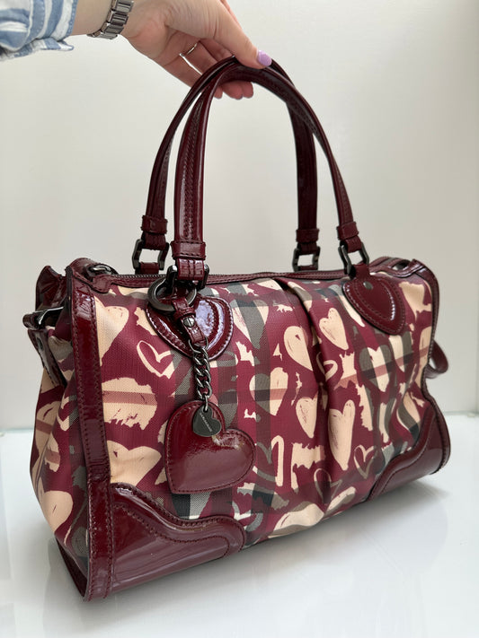 Burberry Red & Beige Canvas & Patent Leather Tote