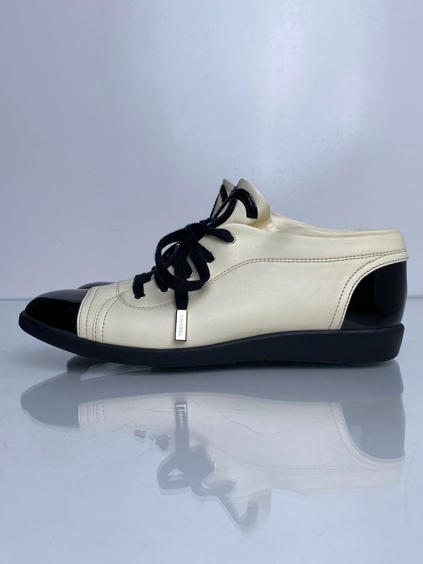 Chanel Black & Cream Patent & Lambskin CC Cap Toe Sneakers, 40