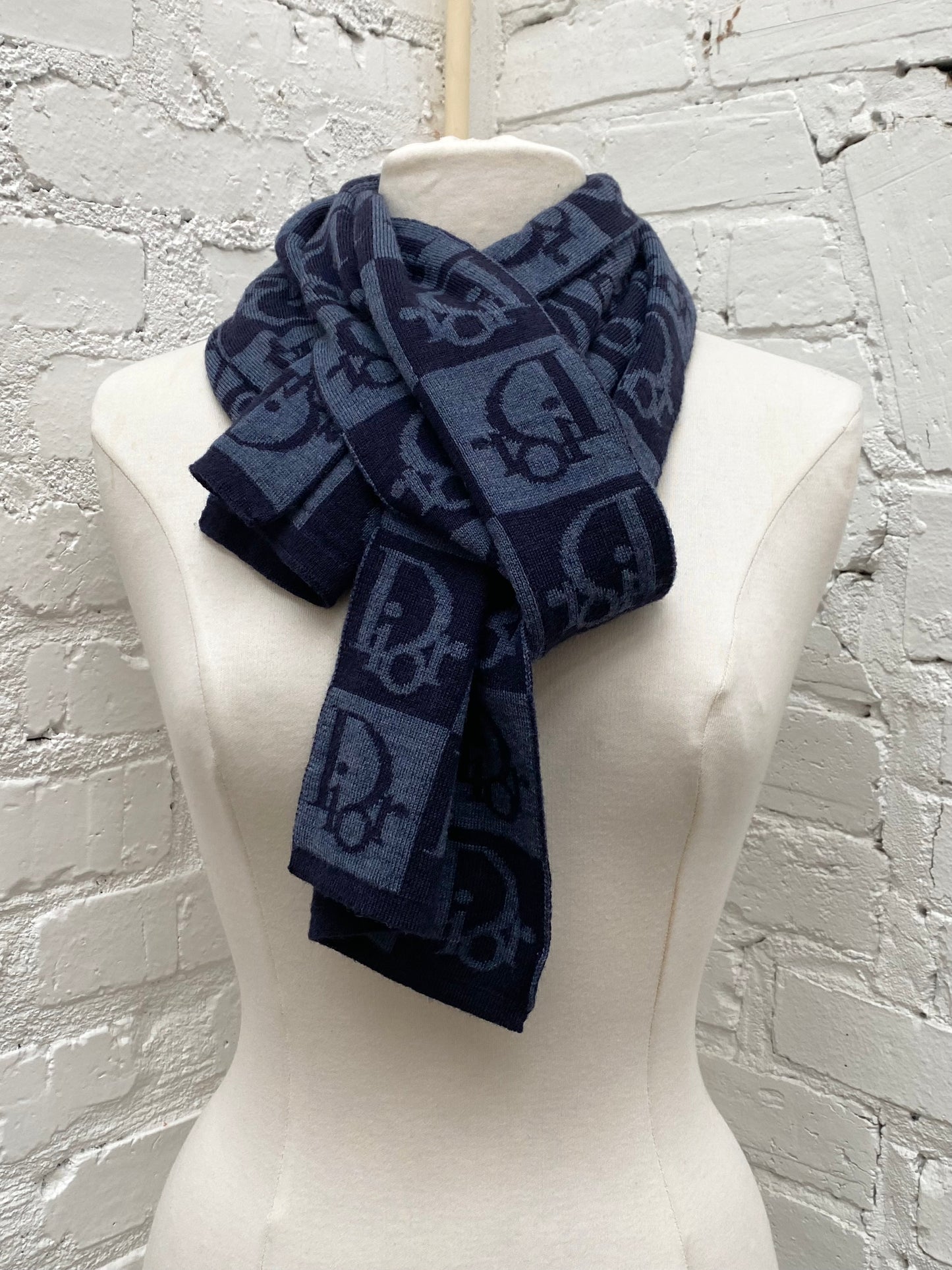 Dior Navy & Blue Logo Checkered Wool Scarf