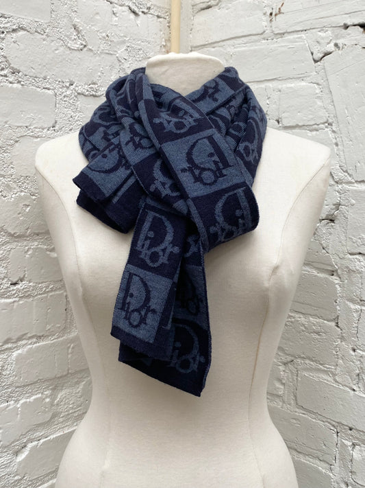Dior Navy & Blue Logo Checkered Wool Scarf
