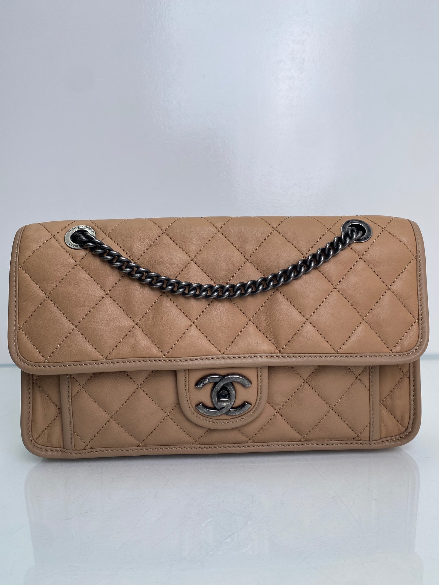 Chanel Beige French Riviera Calfskin Medium Flap RHW