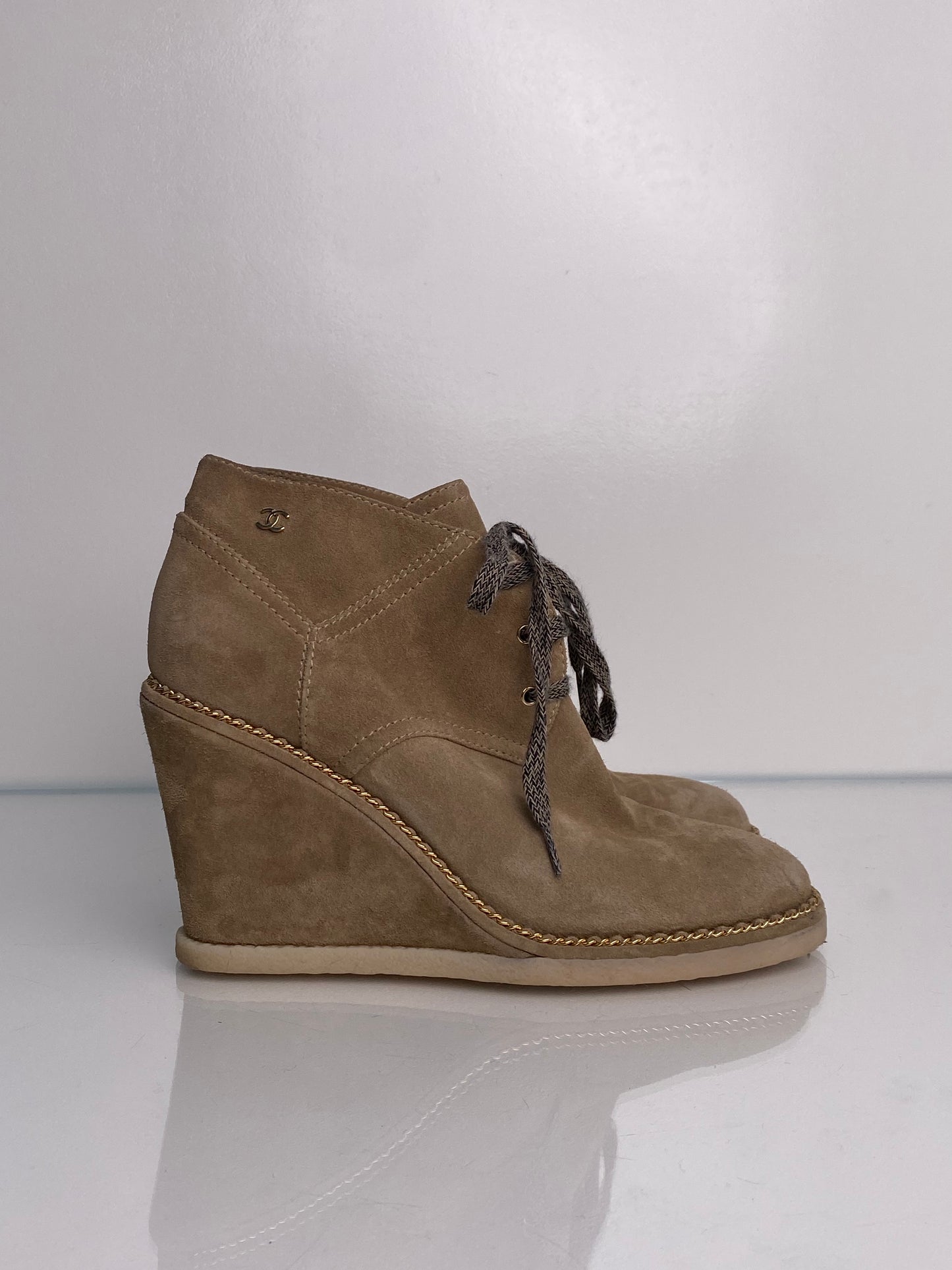 Chanel Greige Suede Lace Up Boots, 40