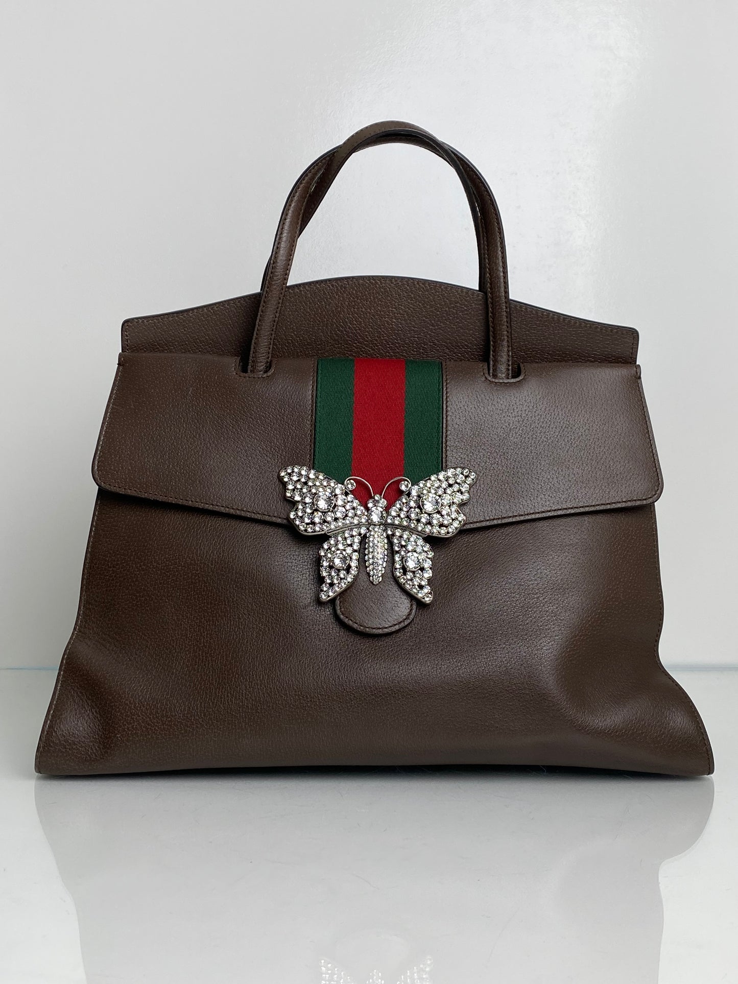 Gucci Brown Linea Totem Web Stripe Tote with Crystal Butterfly GHW