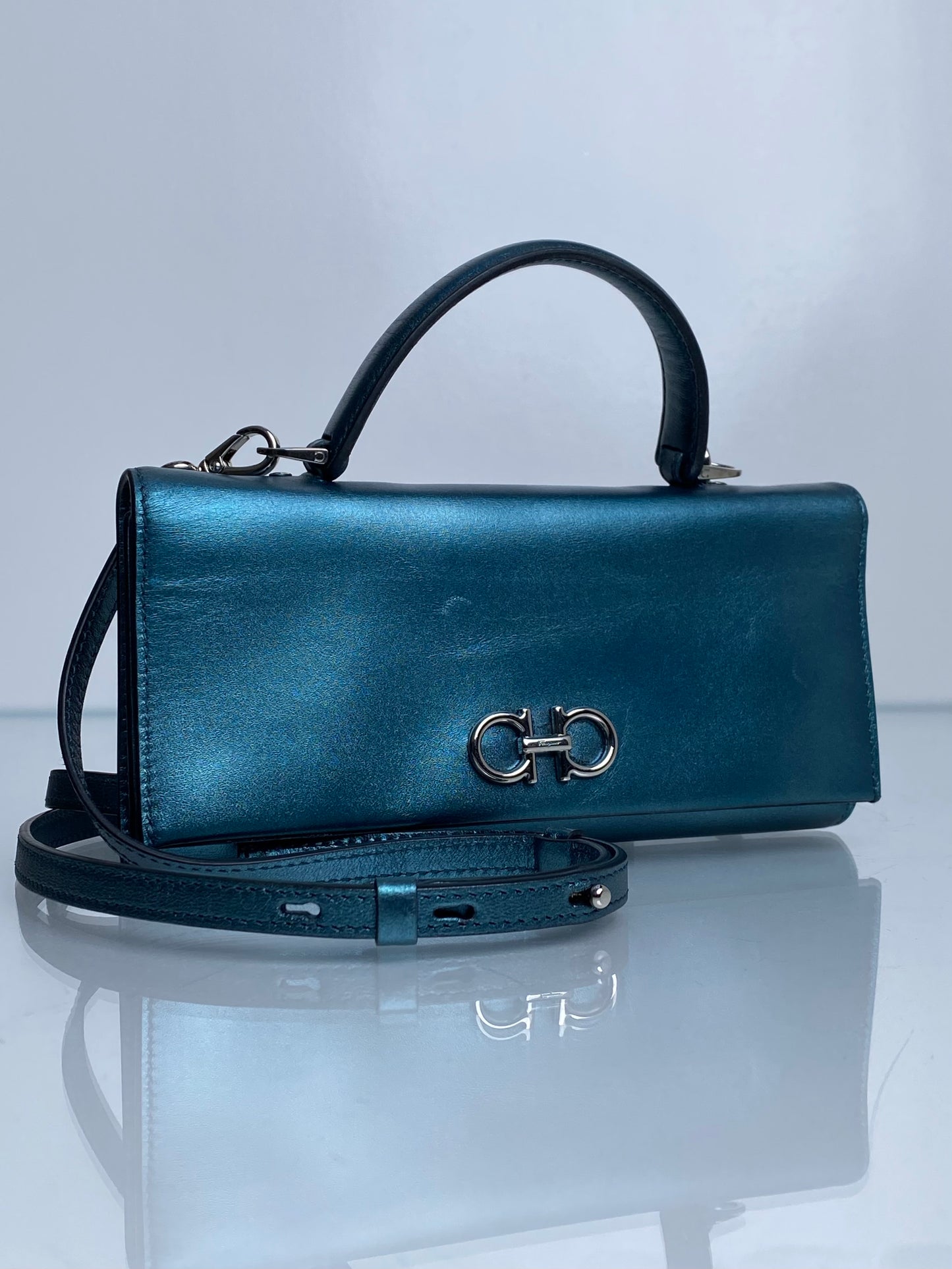 Ferragamo Metallic Teal Tophandle Wallet Crossbody Bag SHW
