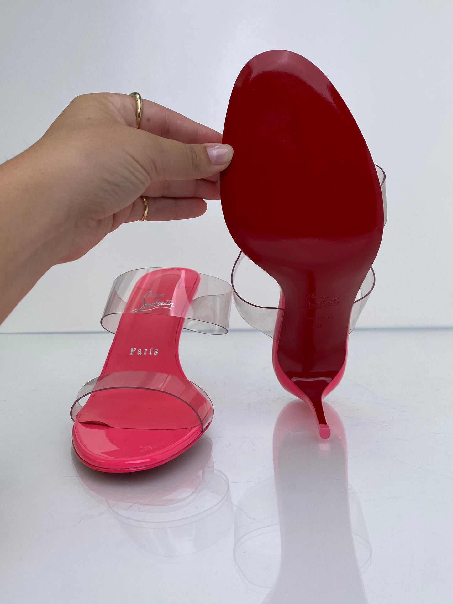 Christian Louboutin  Pink &PVC Just Nothing 85 Mules, 40