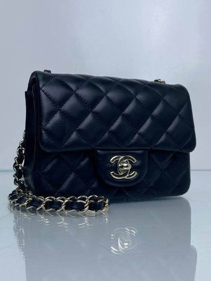 Chanel Black Quilted Lambskin Square Classic Single Flap Mini Bag LGHW